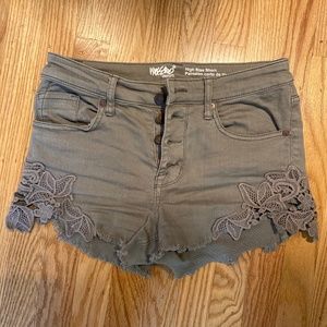 High rise  olive green denim shorts with lace sides